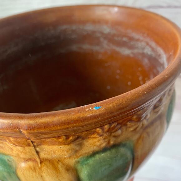 Antique Brown Green Striped Pottery Planter Majolica Glaze Floral Medallions - Picture 16 of 16